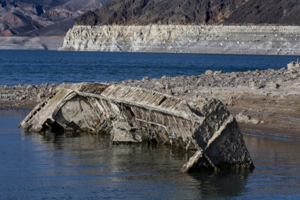 A WWII ear landing craft used to transport troops or tanks was revealed on the shoreline near the Lake Mead Marina as the waterline continues to lower at the Lake Mead National Recreation Area on Thursday, June 30, 2022, in Boulder City. (L.E.
