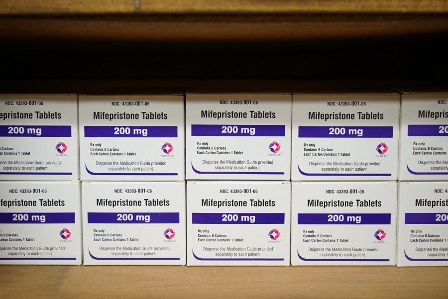 Boxes of the drug mifepristone line a shelf at the West Alabama Women's Center in Tuscaloosa, Ala., on March 16.