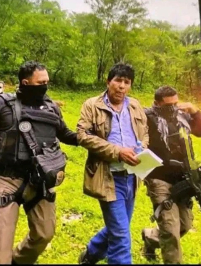 In this government handout photo provided by Mexico's Secretariat of the Navy, agents escort drug trafficker Rafael Caro Quintero, in Sinaloa state, Mexico, Friday, July 15, 2022, captured deep in the mountains of his home state. It was a 6-year-old bloodhound named "Max" who rousted Caro Quintero from the undergrowth.