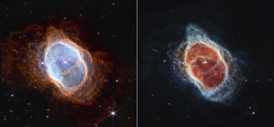 This combo of images provided by NASA on Tuesday, July 12, 2022, shows a side-by-side comparison of observations of the Southern Ring Nebula in near-infrared light, at left, and mid-infrared light, at right, from the Webb Telescope.