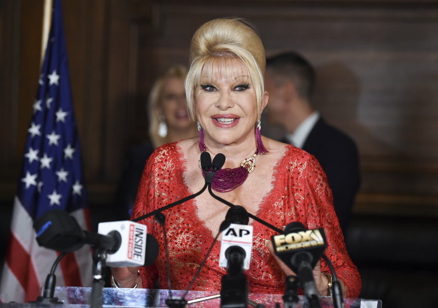 FILE - Ivana Trump announces the new "Italiano Diet" to stay healthy and fight obesity at the Oak Room at the Plaza Hotel on June 13, 2018, in New York. Ivana Trump, the first wife of Donald Trump, has died in New York City, the former president announced on social media Thursday.
