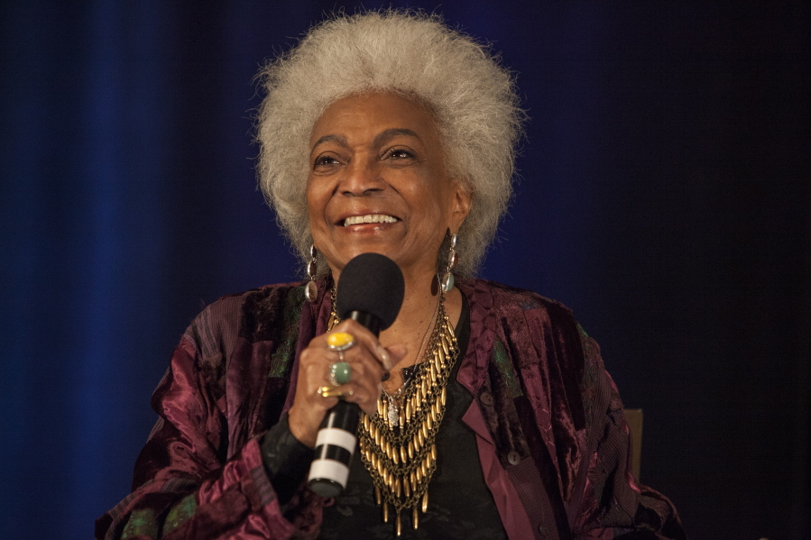 FILE - Actor Nichelle Nichols speaks during the Creation Entertainment's Official Star Trek Convention at The Westin O'Hare in Rosemont, Ill., Sunday, June 8, 2014. Nichols, who gained fame as Lt. Ntoya Uhura on the original "Star Trek" television series, died Saturday, July 30, 2022, her family said. She was 89.