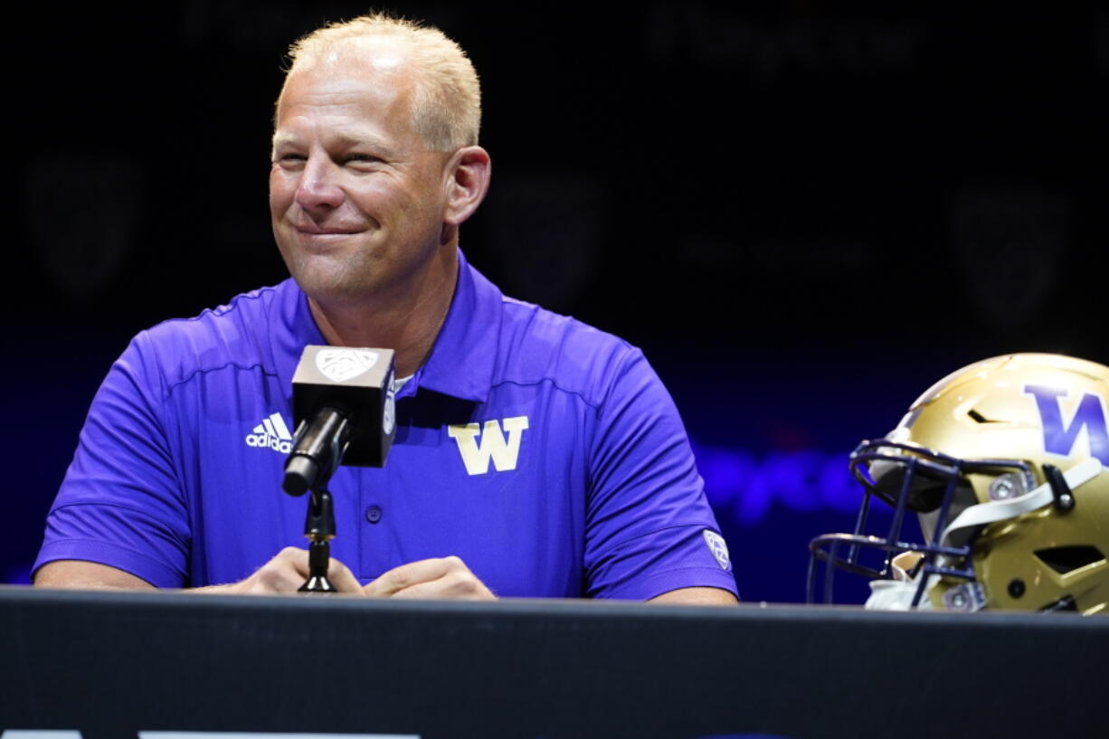 Washington head coach Kalen DeBoer speaks during Pac-12 Conference men's NCAA college football media day Friday, July 29, 2022, in Los Angeles.