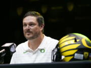 Oregon head coach Dan Lanning speaks during Pac-12 Conference men's NCAA college football media day Friday, July 29, 2022, in Los Angeles.