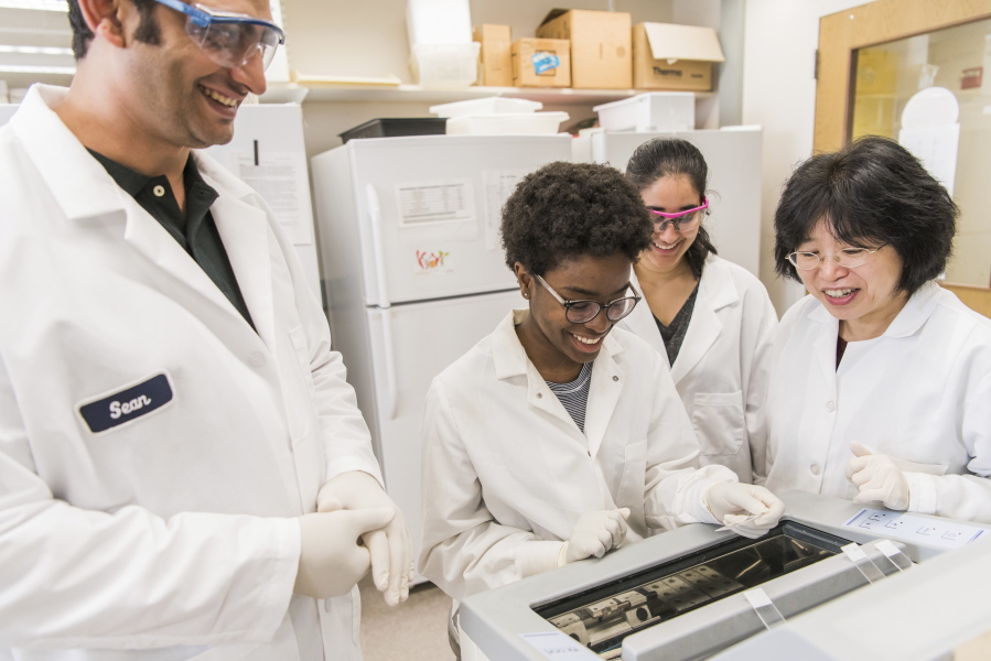 This photo provided by UMBC, University of Maryland, Baltimore County (UMBC) Professor Weihong Lin, second from left, works with students in her biological sciences lab.