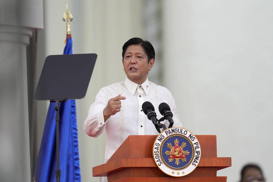 FILE - Philippine President Ferdinand Marcos Jr. delivers his speech during the inauguration ceremony at the National Museum Thursday, June 30, 2022, in Manila, Philippines. Opposition leaders asked new Philippine President Ferdinand Marcos Jr. Friday to restore the country's membership in the International Criminal Court to strengthen its defenses against human rights abuses.