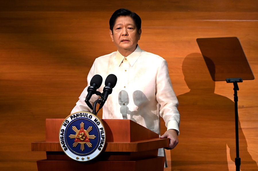 New Philippine President Ferdinand Marcos Jr., delivers his first state of the nation address in, Quezon city, Philippines, Monday, July 25, 2022. Marcos Jr. delivered his first State of the Nation address Monday with momentum from his landslide election victory, but he's hamstrung by history as an ousted dictator's son and daunting economic headwinds.
