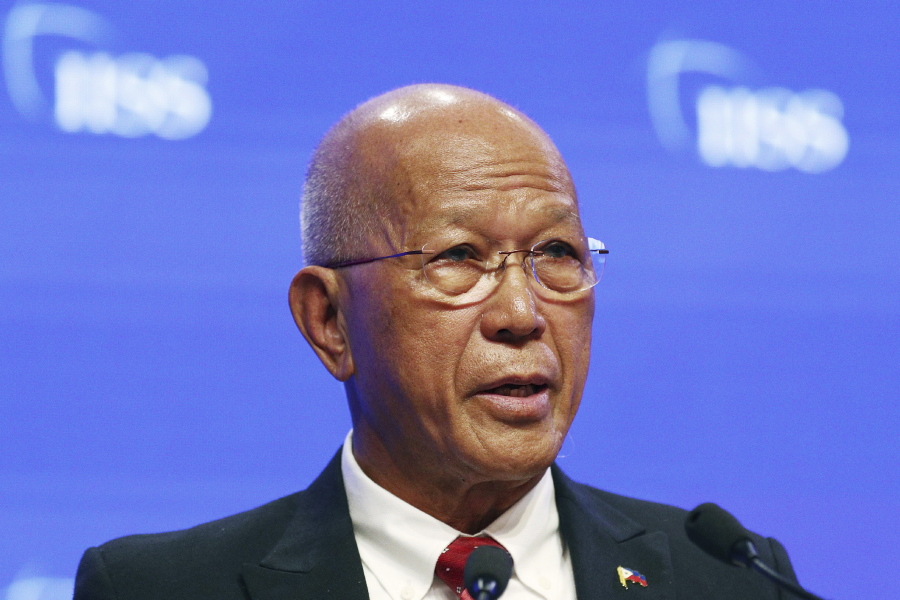 FILE - Philippine Secretary of National Defense Delfin Lorenzana speaks during the fifth plenary session of the 18th International Institute for Strategic Studies (IISS) Shangri-la Dialogue, an annual defense and security forum in Asia, in Singapore on June 2, 2019. Former Defense Secretary Delfin Lorenzana said he cancelled the 12.7 billion-peso ($227 million) deal to acquire the Mi-17 helicopters last month in a decision that was approved by then-President Rodrigo Duterte before his six-year term ended on June 30.