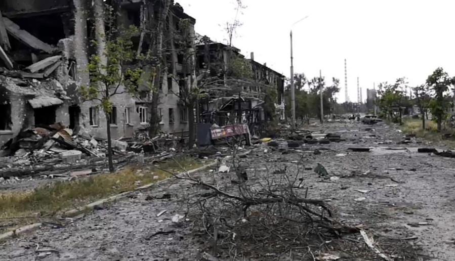 In this photo provided by the Luhansk region military administration, damaged residential buildings are seen in Lysychansk, Luhansk region, Ukraine, early Sunday, July 3, 2022. Russian forces pounded the city of Lysychansk and its surroundings in an all-out attempt to seize the last stronghold of resistance in eastern Ukraine's Luhansk province, the governor said Saturday. A presidential adviser said its fate would be decided within the next two days.