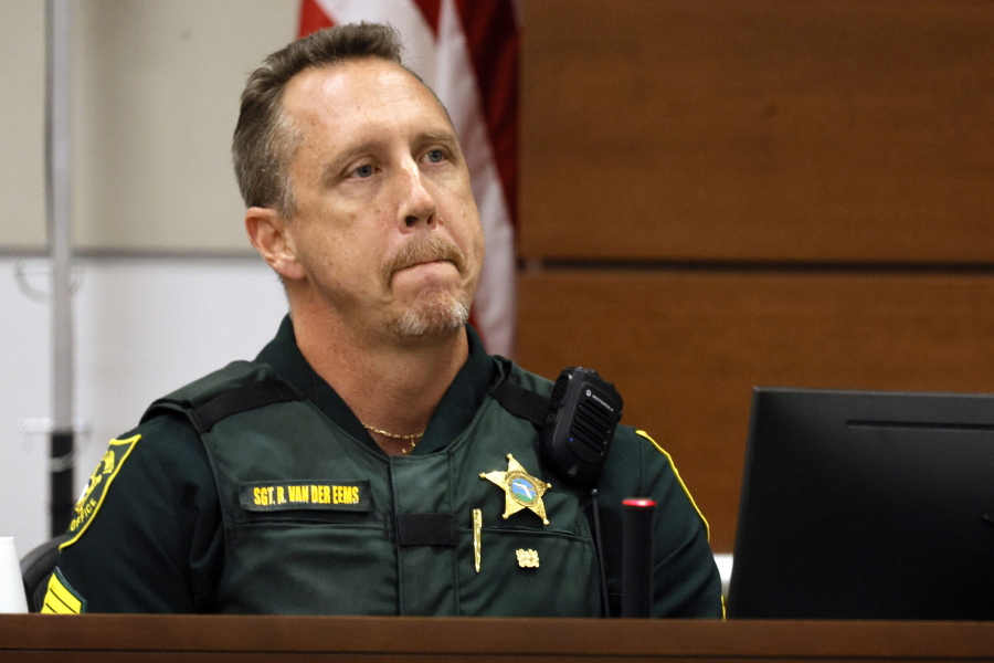 Broward Sheriff's Office Sgt. Richard Van Der Eems describes the scene he encountered at the school after the mass shooting as he testifies during the penalty phase trial of Marjory Stoneman Douglas High School shooter Nikolas Cruz, Friday, July 22, 2022, at the Broward County Courthouse in Fort Lauderdale, Fla. Cruz previously plead guilty to all 17 counts of premeditated murder and 17 counts of attempted murder in the 2018 shootings.