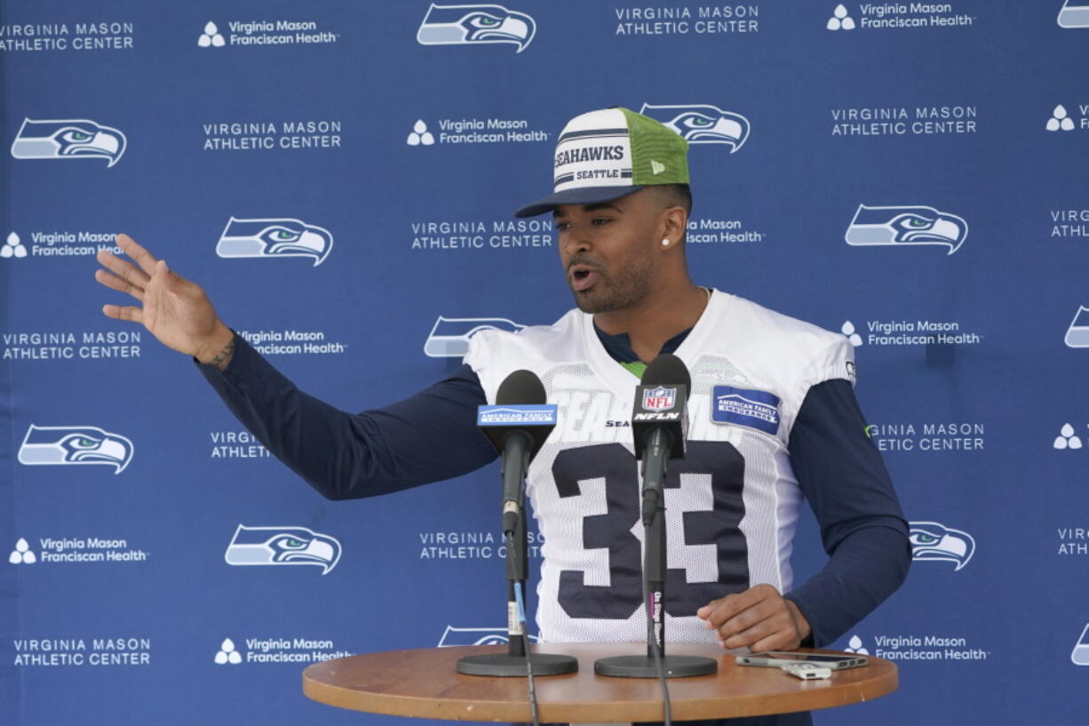 Seattle Seahawks safety Jamal Adams, talking with reporters in June, will be out for an unknown period of time after he left training camp to seek additional opinions for surgically repaired fingers on his left hand. (AP Photo/Ted S.