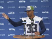 Seattle Seahawks safety Jamal Adams, talking with reporters in June, will be out for an unknown period of time after he left training camp to seek additional opinions for surgically repaired fingers on his left hand. (AP Photo/Ted S.