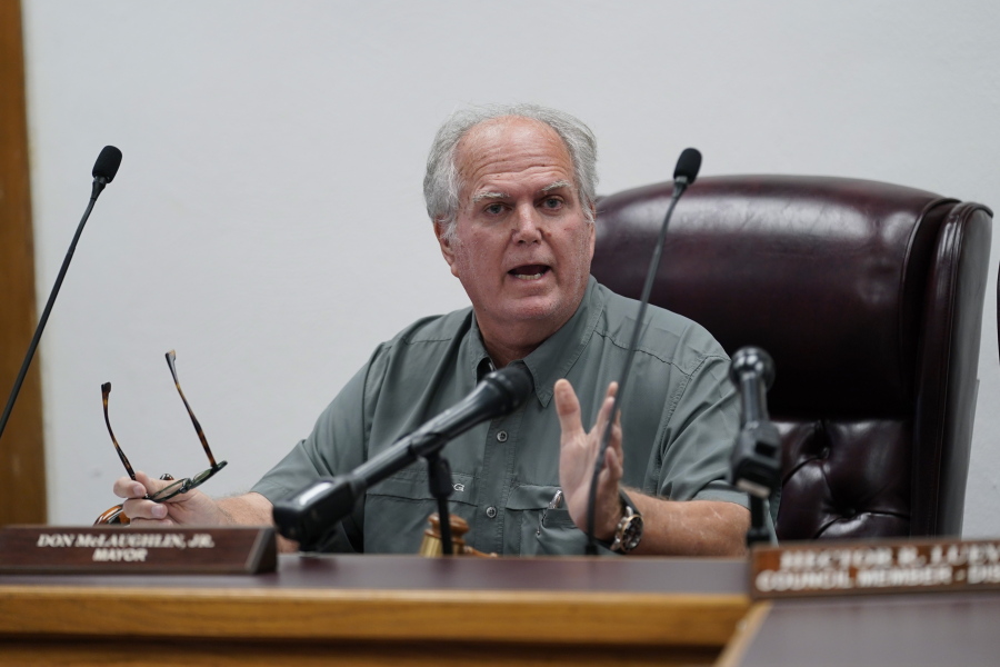FILE - Uvalde Mayor Don McLaughlin, Jr., speaks during a special emergency city council meeting, June 7, 2022, in Uvalde, Texas. McLaughlin, on Friday, July 8, 2022, disputed a new report alleging missed chances to end the massacre at Robb Elementary School, and possibly stop it from ever happening, again reflecting the lack of definitive answers about the lagging police response to one of the deadliest classroom shootings in U.S. history.