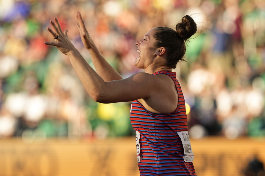 Silver medalist Kara Winger, of the United States, celebrates after the women's javelin throw at the World Athletics Championships on Friday, July 22, 2022, in Eugene, Ore.