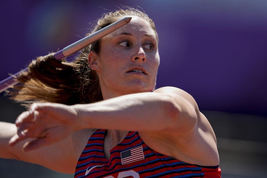 Kara Winger, of the United States, competes in a qualification for the women's javelin throw at the World Athletics Championships on Wednesday, July 20, 2022, in Eugene, Ore. (AP Photo/David J.