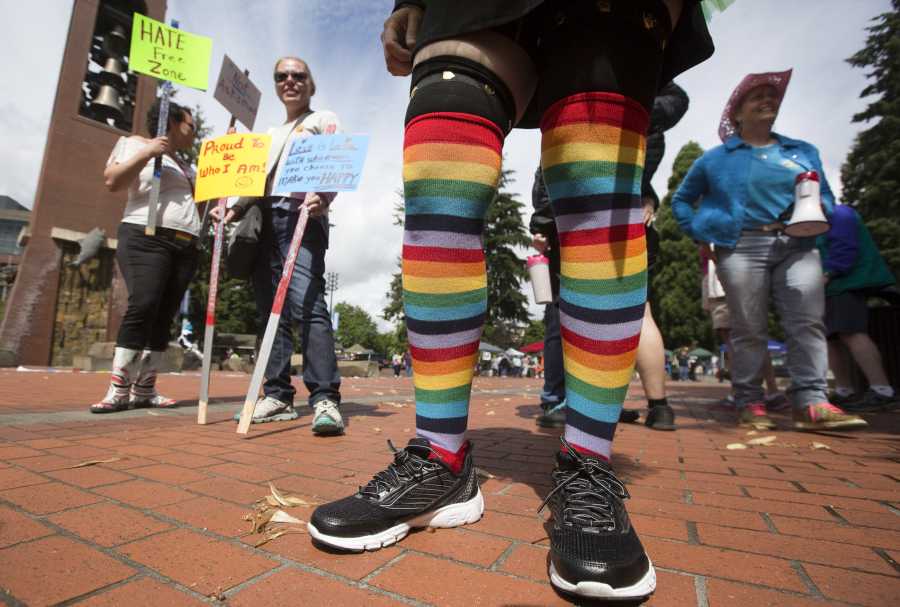 A woman wears rainbow socks at Saturday in the Park Pride in 2016.