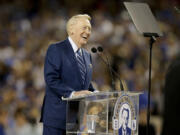 Hall of Fame Los Angeles Dodgers broadcaster Vin Scully speaks during Vin Scully Appreciation Day before the team's baseball game against the Colorado Rockies, Friday, Sept. 23, 2016, in Los Angeles. Scully's final game at Dodger Stadium will be Sunday. (AP Photo/Jae C.