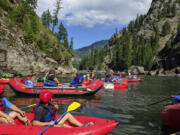 Our group of 15 passengers and five guides looks downriver as we take off from Corn Creek onto the River of No Return in Idaho for a five-day, 80-mile stretch through the Frank Church Wilderness.