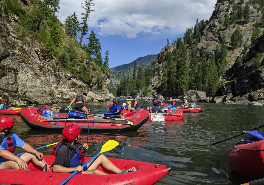 Our group of 15 passengers and five guides looks downriver as we take off from Corn Creek onto the River of No Return in Idaho for a five-day, 80-mile stretch through the Frank Church Wilderness.
