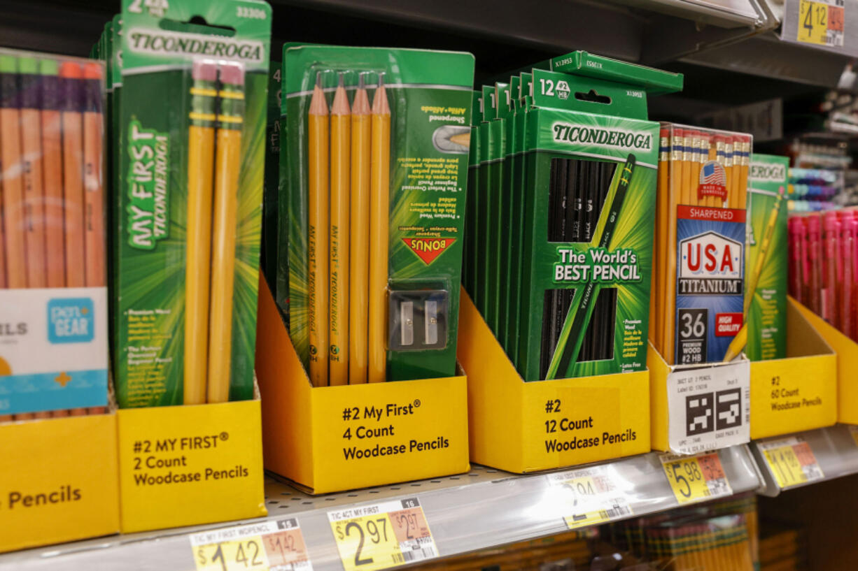 As retailers ramp up their back-to-school sections, packages of pencils take up more space, shown here at Walmart on Lyndon B. Johnson Freeway and Midway Road in Dallas in a file photo.