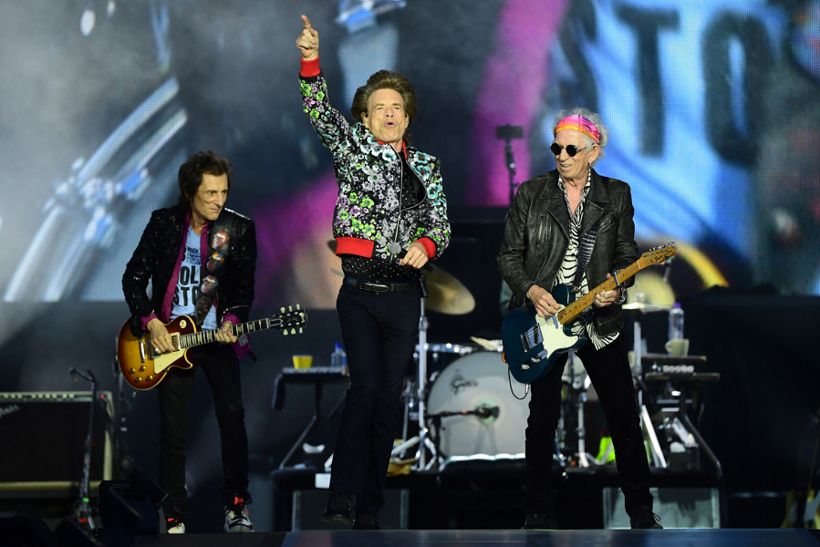 Rock band The Rolling Stones' singer Mick Jagger, guitarists Keith Richards and Ron Wood perform during a concert July 23 as part of their "Stones Sixty European Tour," at the Hippodrome ParisLongchamp, in Paris.