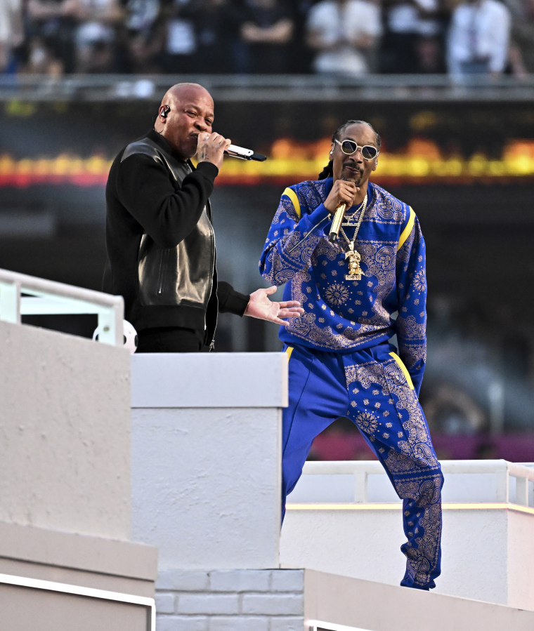 Dr. Dre and Snoop Dogg perform during halftime in Super Bowl LVI at SoFi Stadium on Sunday, Feb. 13 2022, in Inglewood, California.