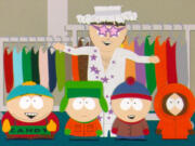 Characters from the cartoon TV show "South Park," including Elton John, rear, with, from left, Kenny, Stan, Kyle and Cartman, featured in a 1998 episode.