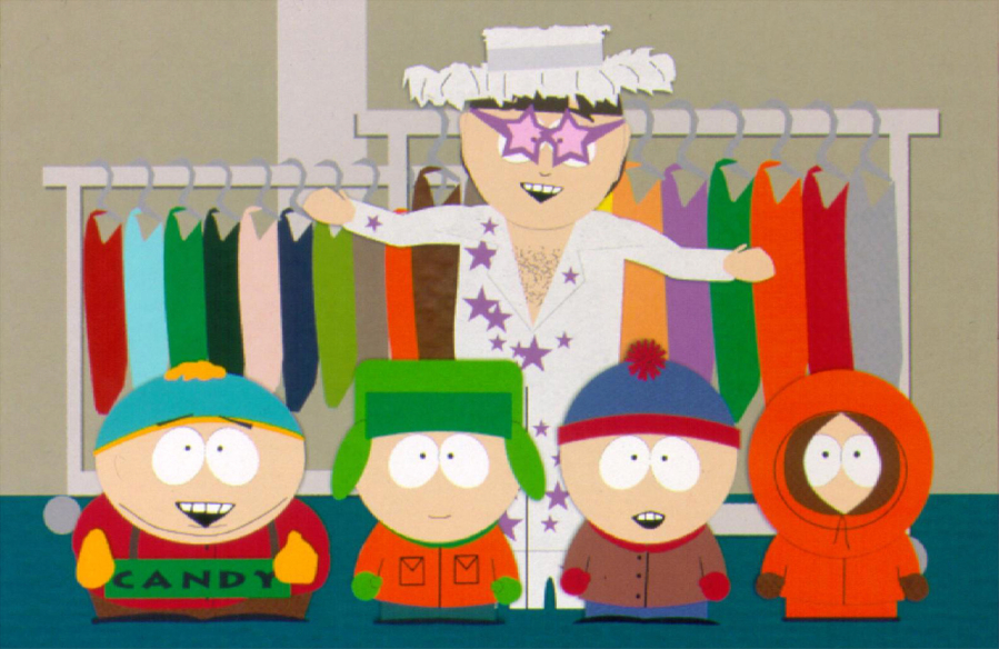 Characters from the cartoon TV show "South Park," including Elton John, rear, with, from left, Kenny, Stan, Kyle and Cartman, featured in a 1998 episode.