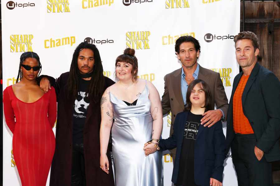 Taylour Paige, from left, Luka Sabbat, Lena Dunham, Jon Bernthal, Liam Michel Saux and Scott Speedman attend the premiere of Dunham's film "Sharp Stick" at Brain Dead Studios LA on July 25 in Los Angeles.