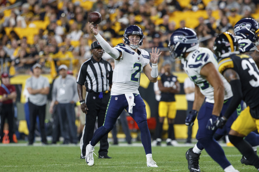 Seattle Seahawks quarterback Drew Lock (2) throws a pass during a preseason NFL football game, Saturday, Aug. 13, 2022, in Pittsburgh, PA.