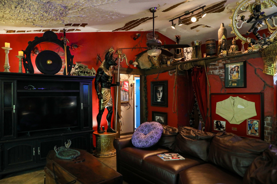 Bruce Michaud's "Mummy" and "Indiana Jones" themed living room on Aug. 4, 2022, in Tampa, Florida.