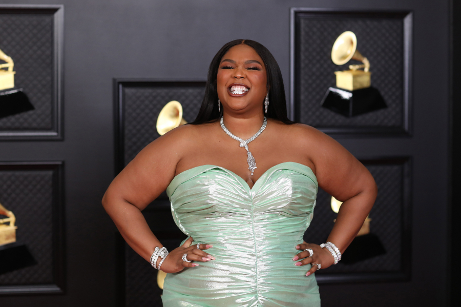 Lizzo on the red carpet at the 63rd Annual Grammy Awards at the Los Angeles Convention Center, in downtown Los Angeles on Sunday, March 14, 2021. (Jay L.