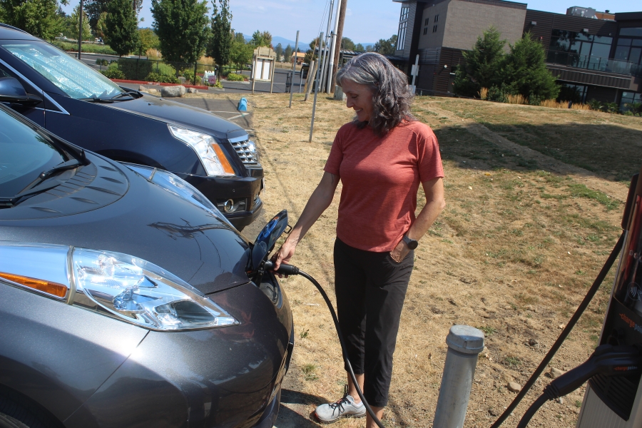 Port of Camas-Washougal Commissioner Cassi Marshall charges her electric vehicle Aug.