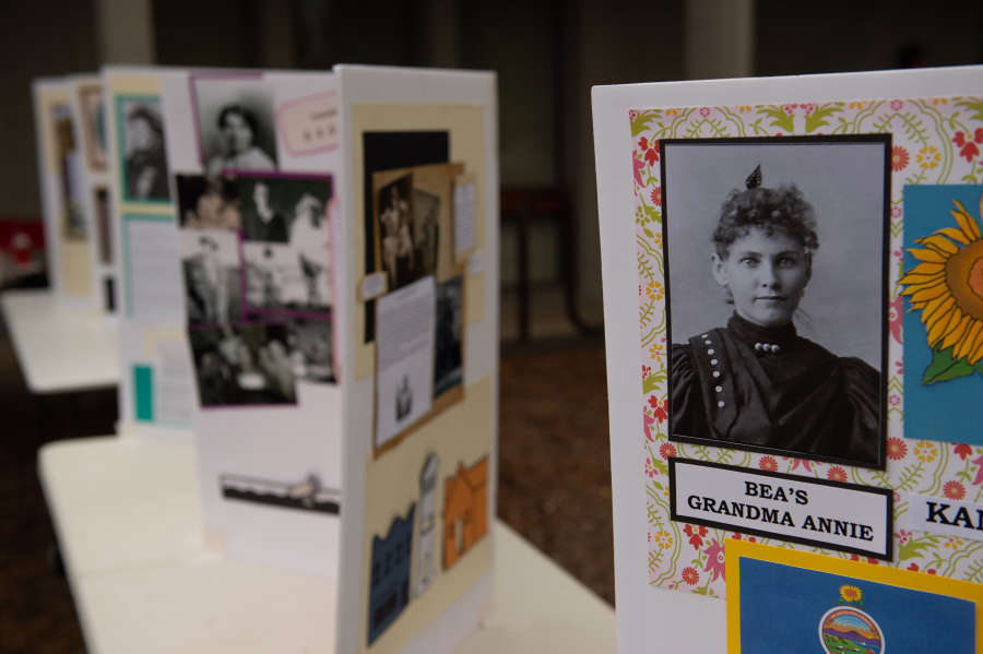 The "Gallery of Grandmothers" is displayed at the Clark County Genealogical Society's 50th anniversary celebration. The exhibit featured photos and biographical information about some attendees' grandmothers and great-grandmothers. It was set up in front of the organization's library.