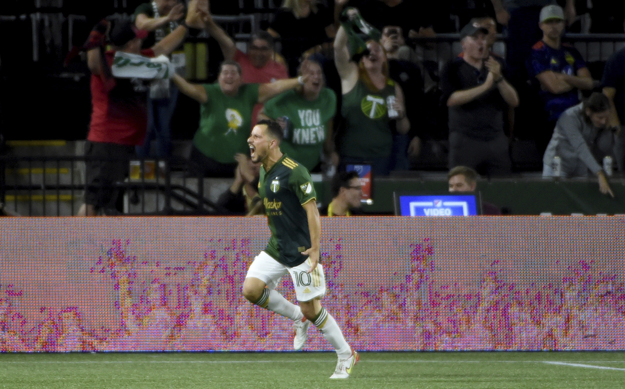 Portland Timbers midfielder Sebastián Blanco celebrates after scoring a goal during the second half of an MLS soccer match against the Seattle Sounders in Portland, Ore., Friday, Aug. 26, 2022. The Timbers won 2-1.