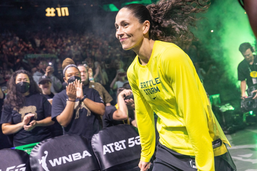 Seattle Storm's Sue Bird takes the floor for her regular season home finale against the Las Vegas Aces, Sunday, at Climate Pledge Arena in Seattle.