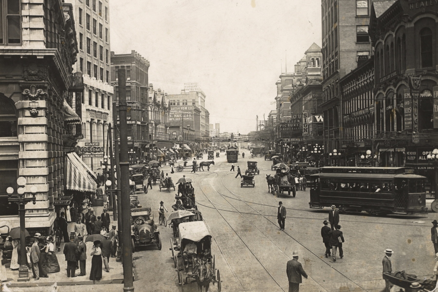 This photo courtesy of Kenan Research Center at the Atlanta History Center shows a view of Marietta Street, looking west from the Five Points area in downtown Atlanta in 1906. Few have been taught about the 1906 Atlanta Race Massacre, the white-on-Black violence in Atlanta that shattered dreams of racial harmony and forced thousands from their homes.
