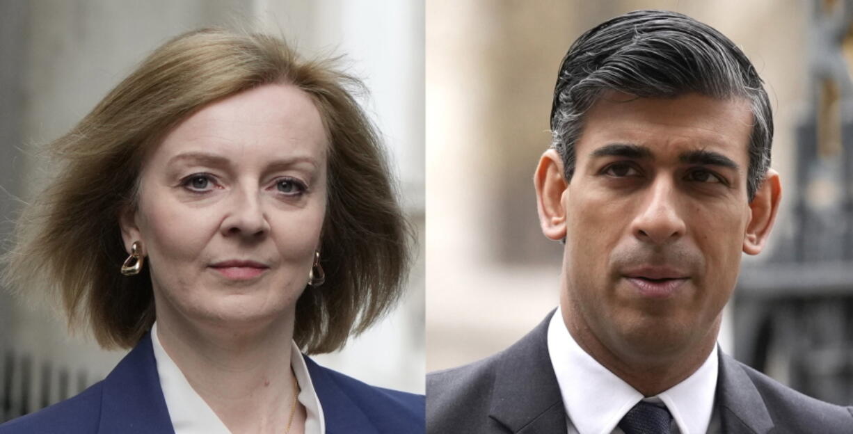 FILE - This combo of file photos shows the two candidates in the Conservative Party leadership race, former Chancellor of the Exchequer Rishi Sunak and Foreign Secretary Liz Truss. Britain's governing Conservative Party said Wednesday, Aug. 3, 2022 that it has delayed sending out ballots for the party's leadership election after a warning from the U.K. intelligence services about the risk of fraud. Ballots had been due to be mailed out early this week to about 180,000 party members, who are selecting a new leader for the party and the country.