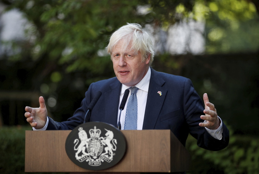 Britain's Prime Minister Boris Johnson hosts a reception for the winners of the Points of Light Award in Downing Street, London, Tuesday Aug. 9, 2022.
