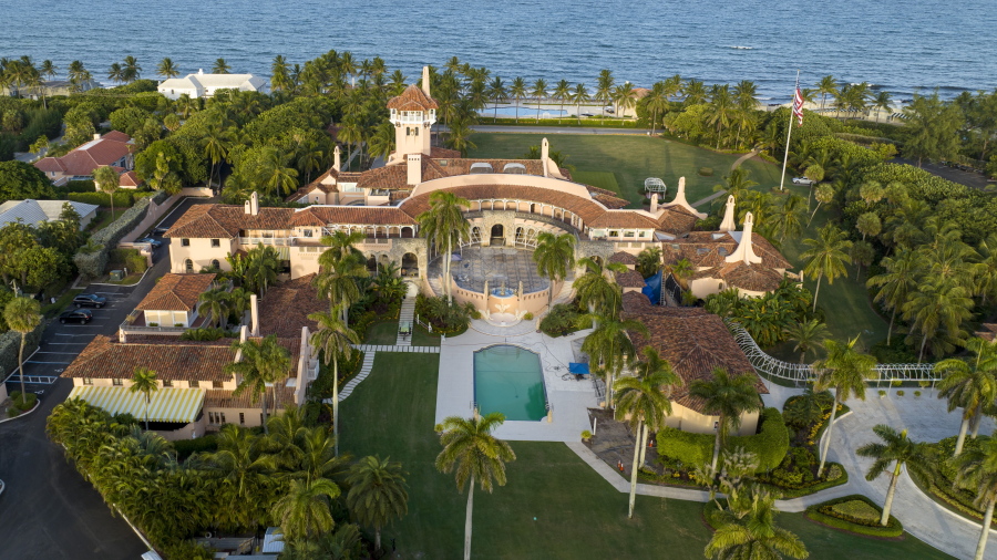 An aerial view of former President Donald Trump's Mar-a-Lago estate is seen Wednesday, Aug. 10, 2022, in Palm Beach, Fla. Court papers show that the FBI recovered documents labeled "top secret" from former President Donald Trump's Mar-a-Lago estate in Florida.