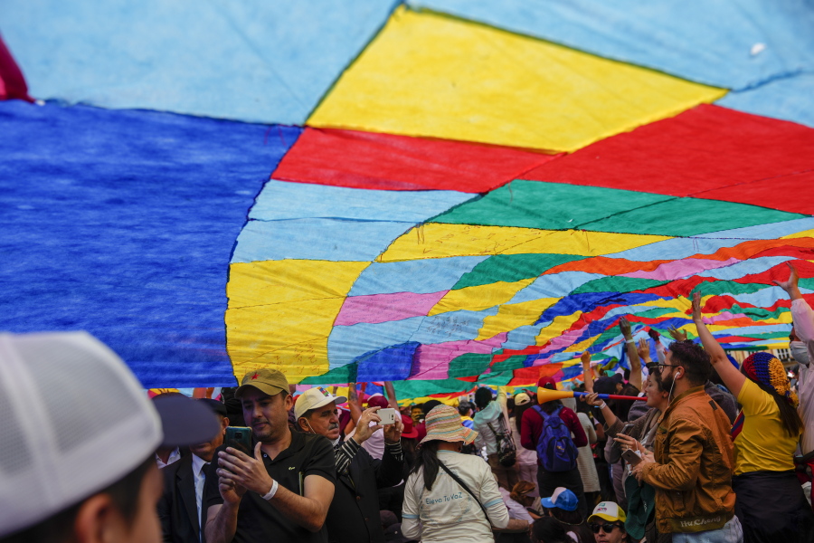 Supporters of new President Gustavo Petro display a flag as they wait for his swearing-in ceremony at the Bolivar square in Bogota, Colombia, Sunday, Aug. 7, 2022.