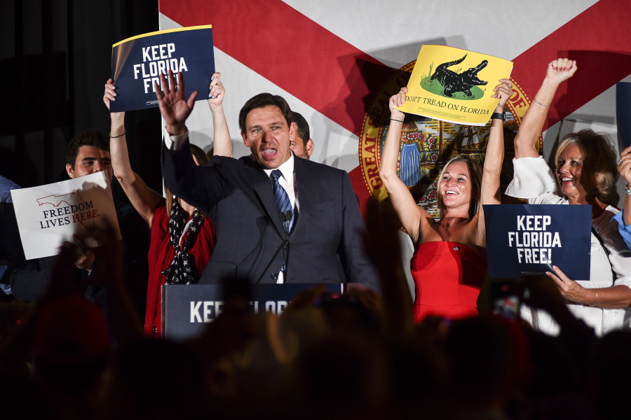 Republican gubernatorial incumbent Gov. Ron DeSantis, waves to supporters Tuesday, Aug. 23, 2022, in Hialeah, Fla. DeSantis will face U.S. Rep. Charlie Crist in November.
