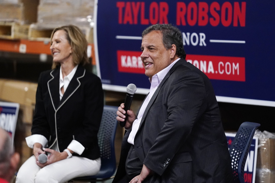 Karrin Taylor Robson, a Republican running for Arizona governor, speaks at a town hall event with former Republican New Jersey Gov. Chris Christie Friday, July 29, 2022, in Tempe, Ariz. (AP Photo/Ross D.