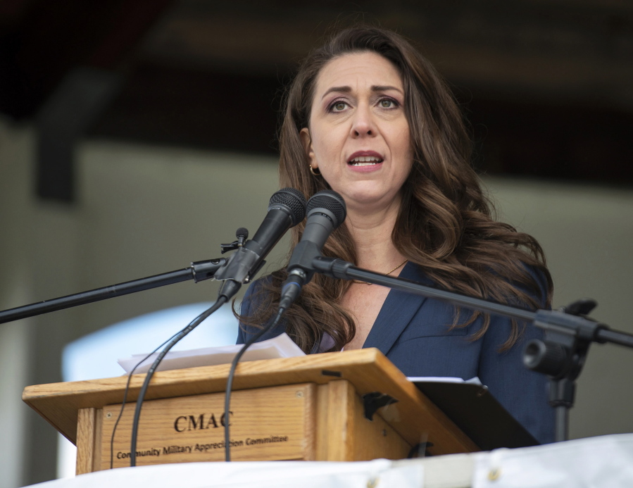 FILE - Rep. Jaime Herrera Beutler, R-Wash., speaks at a Memorial Day observance event on May 30, 2022, in Vancouver, Wash. Primary elections are behind held in six states on Tuesday.