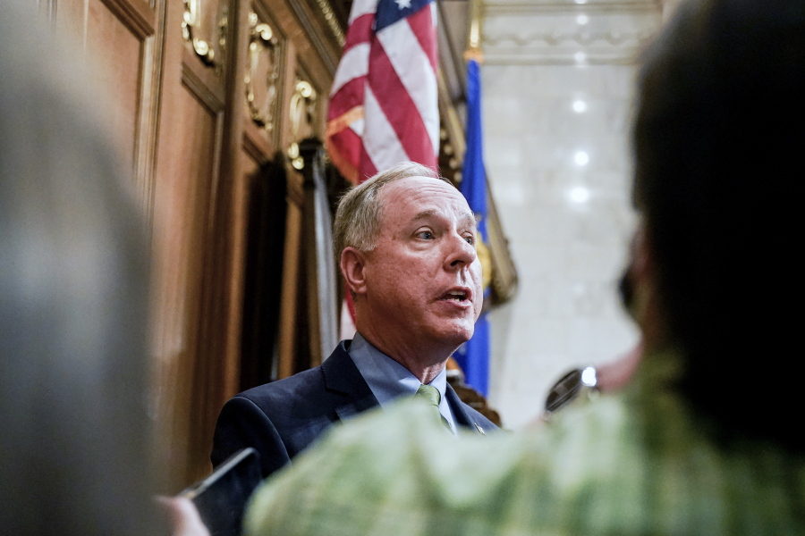FILE - Wisconsin Assembly Speaker Robin Vos talks to the media after Gov. Tony Evers addressed a joint session of the Legislature in the Assembly chambers during the Governor's State of the State speech at the state Capitol, Feb. 15, 2022, in Madison, Wis. More Republican state lawmakers are losing their primaries this year than in any other election over the past decade, dispatched by far-right challengers who say the incumbents are not conservative enough. Next up is Wisconsin, where both Republican legislative leaders are among several incumbents facing primary challenges.