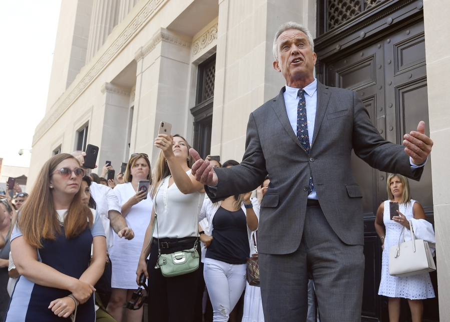 FILE - Attorney Robert F. Kennedy, Jr. speaks after a hearing challenging the constitutionality of the state legislature's repeal of the religious exemption to vaccination on behalf of New York state families who held lawful religious exemptions, during a rally outside the Albany County Courthouse Aug. 14, 2019, in Albany, N.Y. Instagram and Facebook have suspended Children's Health Defense from its platforms for repeated violations of its policies on COVID-19 misinformation. The nonprofit led by Robert Kennedy Jr. is regularly criticized by public health advocates for its misleading claims about vaccines and the COVID-19 pandemic.