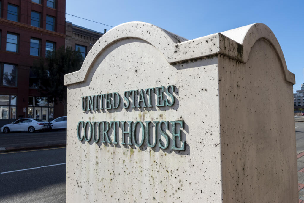 Tacoma, Washington in August 2021.United States Courthouse sign outside of Union Station in the downtown area.