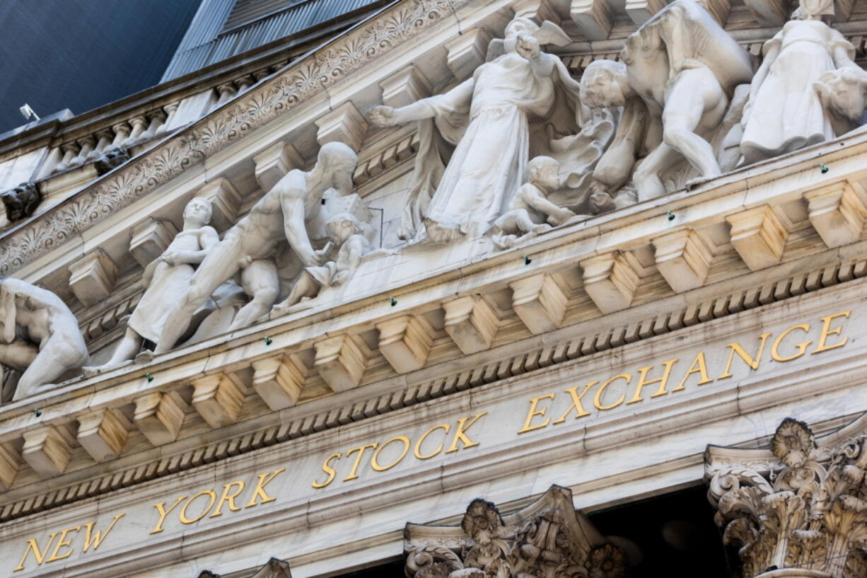 A detail of the exterior of The New York Stock Exchange, on Wednesday, Aug. 3, 2022, in New York. Stocks are opening nearly flat on Wall Street Thursday, Aug. 4.