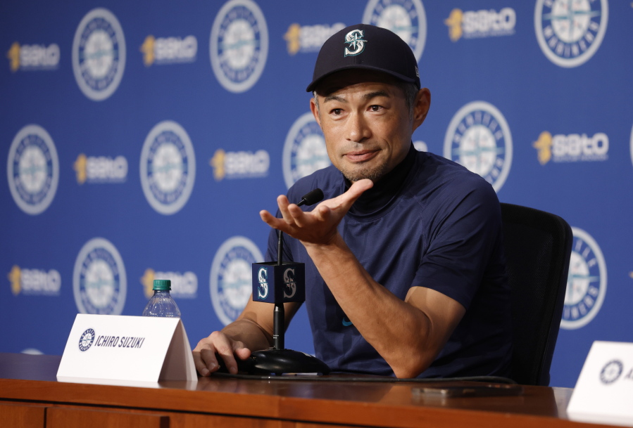 Former Seattle Mariners baseball player Ichiro Suzuki meets with the news media, Friday, Aug. 26, 2022, in Seattle the day before his induction into the Mariners' Hall of Fame.