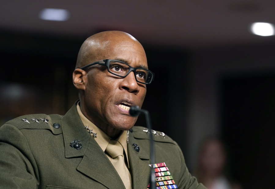 FILE - Lt. Gen. Michael Langley speaks during a Senate Armed Services hearing to examine the nominations at the Capitol Hill, on July 21, 2022, in Washington. Langley was promoted to The Marine Corps' first African American four-star general during a ceremony Saturday, Aug. 6, at Marine Corps Barracks Washington.